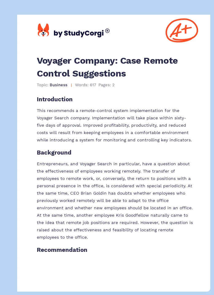 Voyager Company: Case Remote Control Suggestions. Page 1