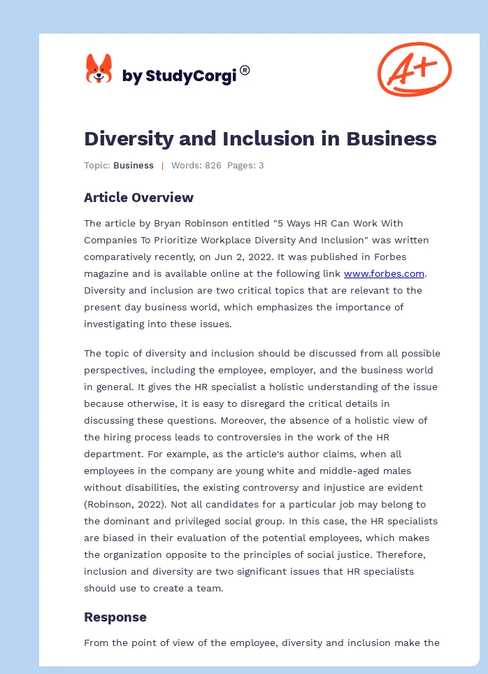 Diversity and Inclusion in Business. Page 1