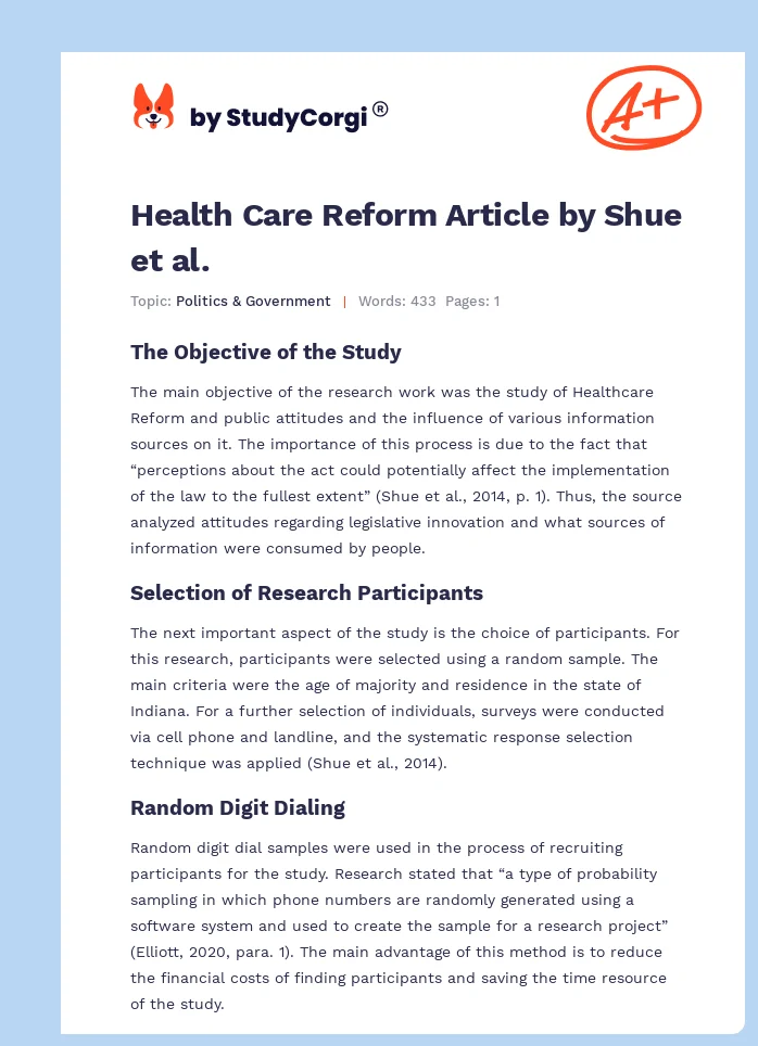 Health Care Reform Article by Shue et al.. Page 1