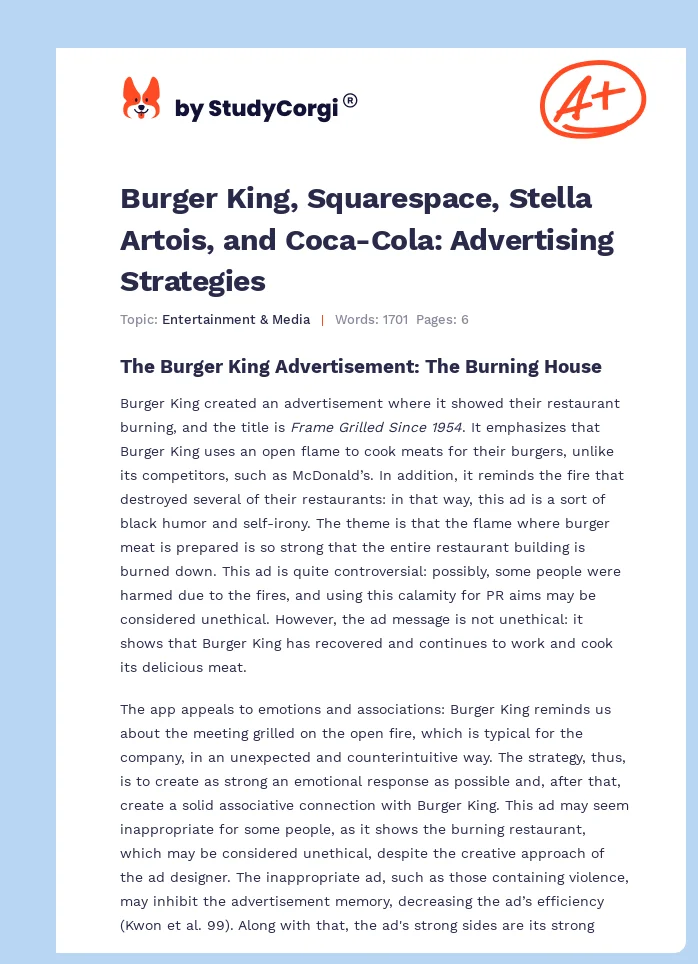 Burger King, Squarespace, Stella Artois, and Coca-Cola: Advertising Strategies. Page 1