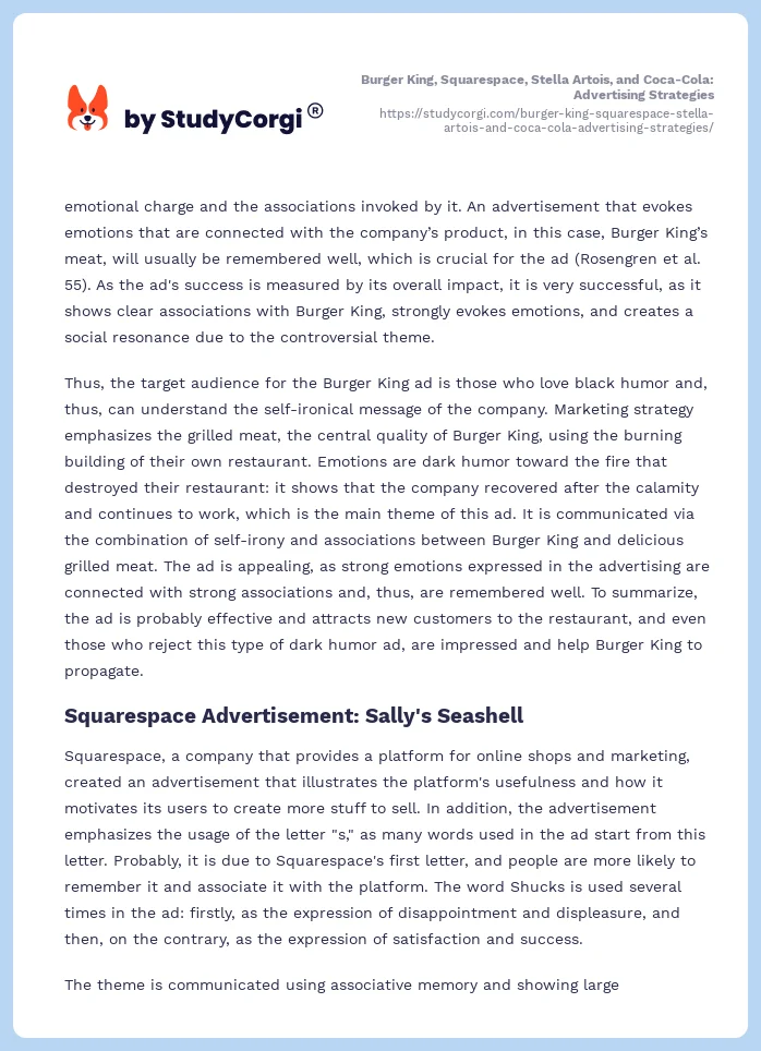 Burger King, Squarespace, Stella Artois, and Coca-Cola: Advertising Strategies. Page 2