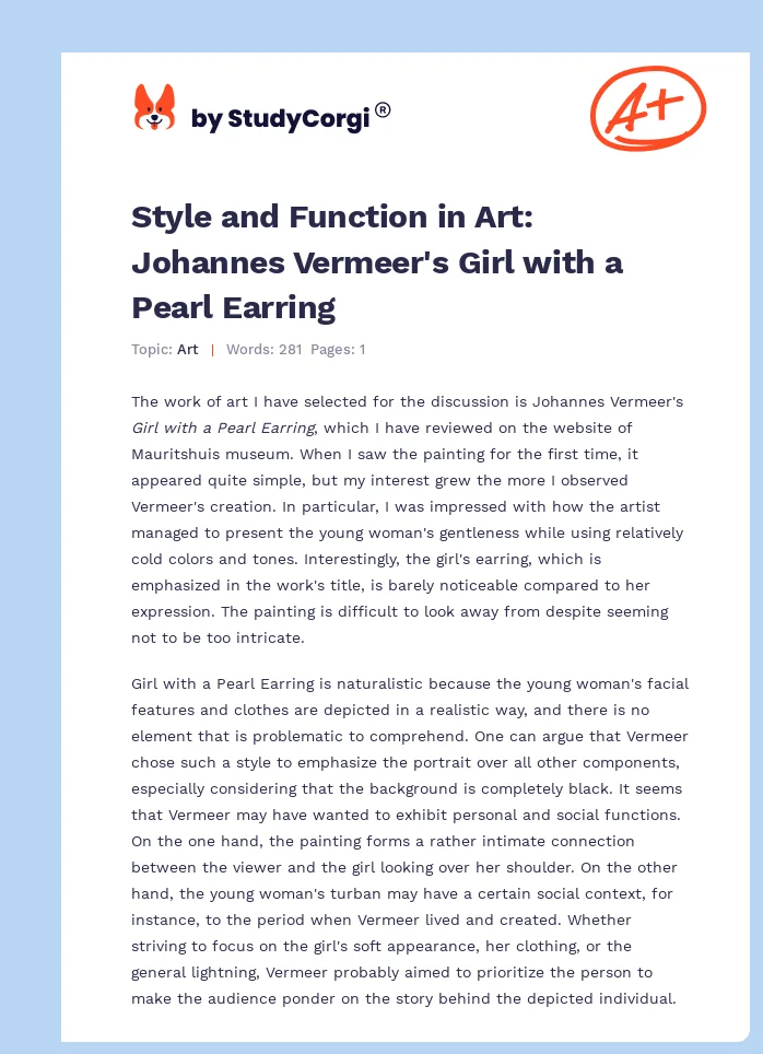 Style and Function in Art: Johannes Vermeer's Girl with a Pearl Earring. Page 1