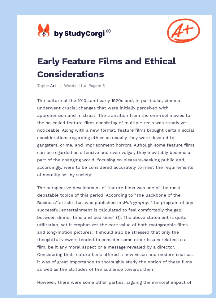 Early Feature Films and Ethical Considerations. Page 1