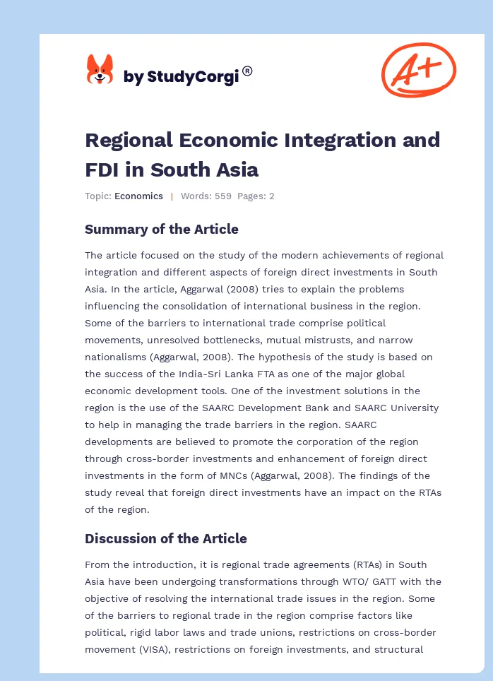 Regional Economic Integration and FDI in South Asia. Page 1