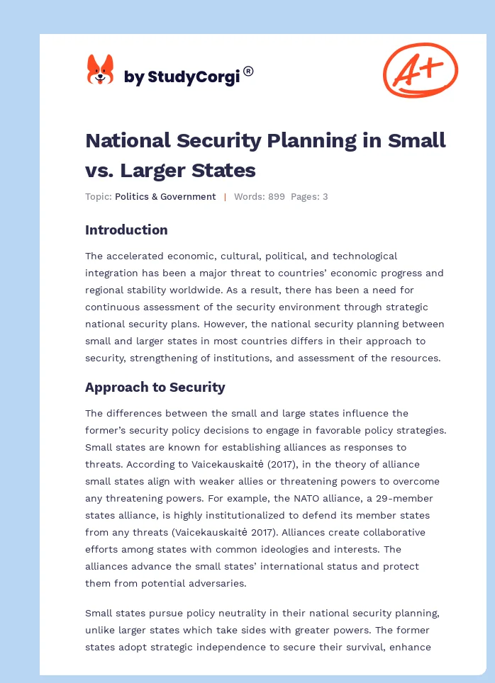 National Security Planning in Small vs. Larger States. Page 1