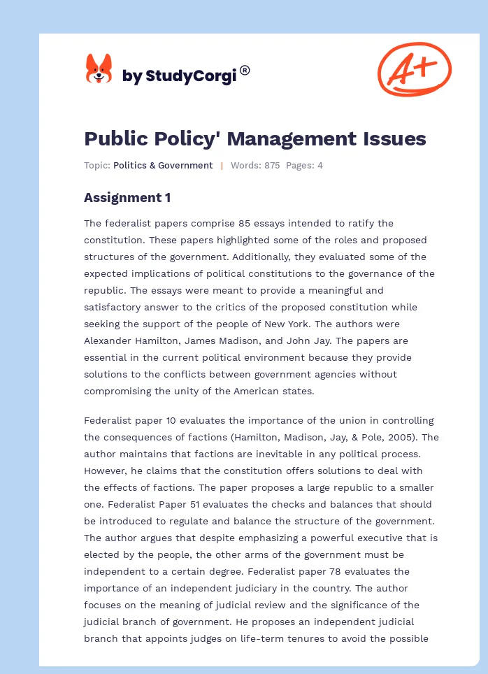 Public Policy' Management Issues. Page 1