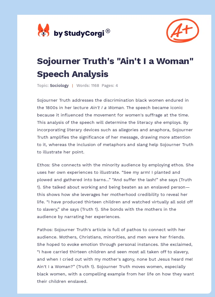 Sojourner Truth's "Ain't I a Woman" Speech Analysis. Page 1