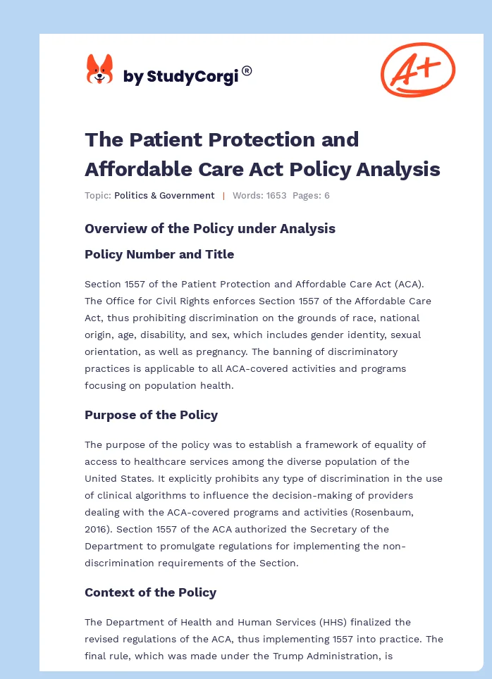 The Patient Protection and Affordable Care Act Policy Analysis. Page 1