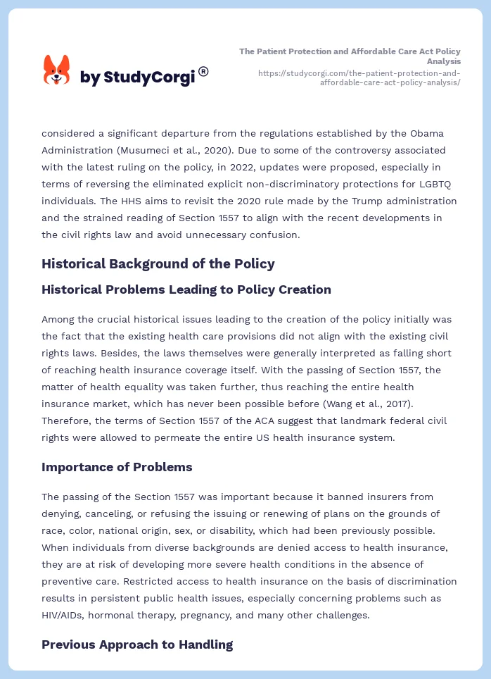 The Patient Protection and Affordable Care Act Policy Analysis. Page 2