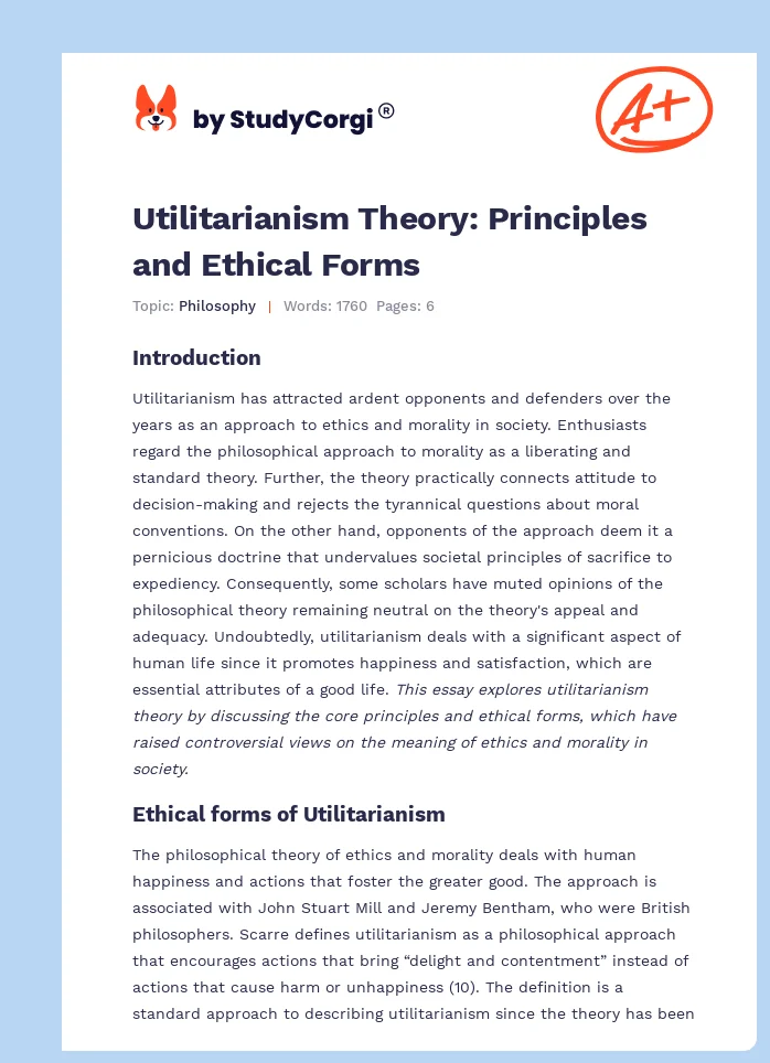 Utilitarianism Theory: Principles and Ethical Forms. Page 1