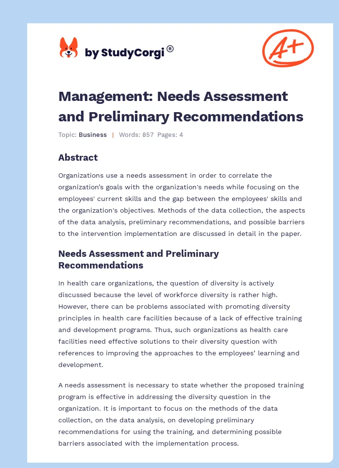 Management: Needs Assessment and Preliminary Recommendations. Page 1