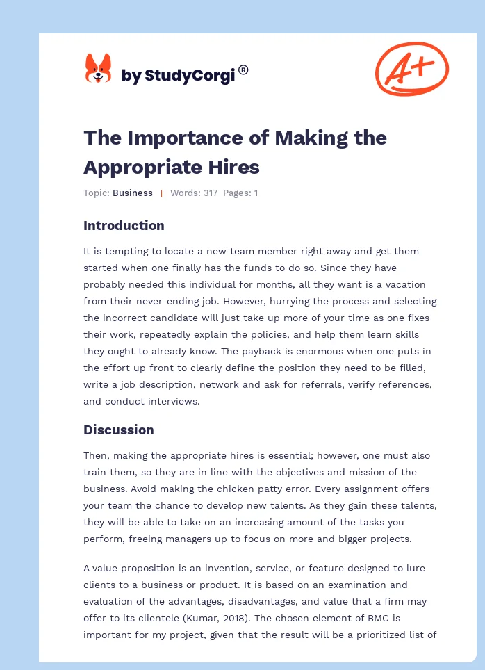 The Importance of Making the Appropriate Hires. Page 1