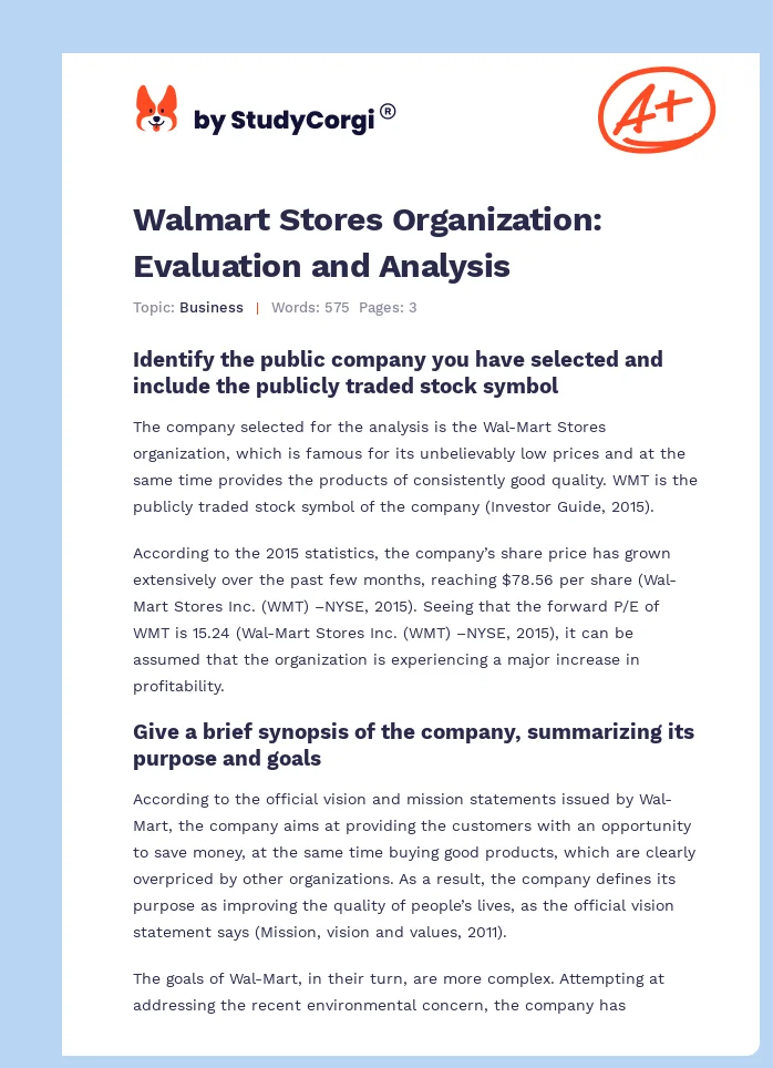 Walmart Stores Organization: Evaluation and Analysis. Page 1