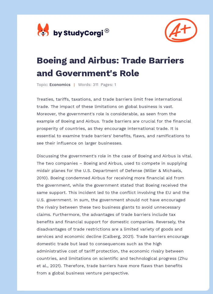 Boeing and Airbus: Trade Barriers and Government's Role. Page 1