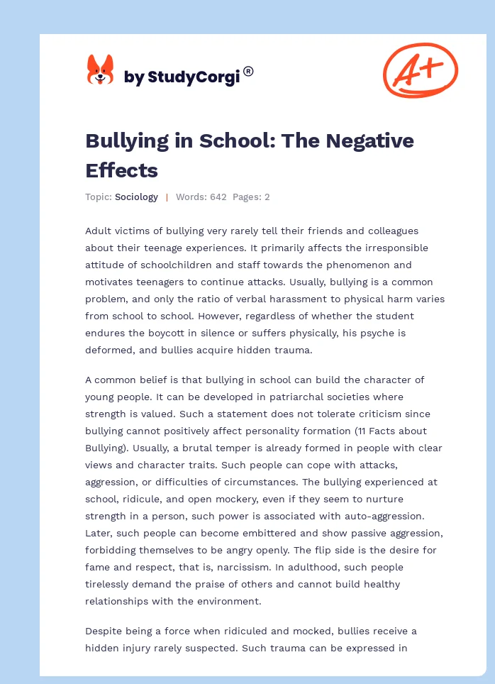 Bullying in School: The Negative Effects. Page 1