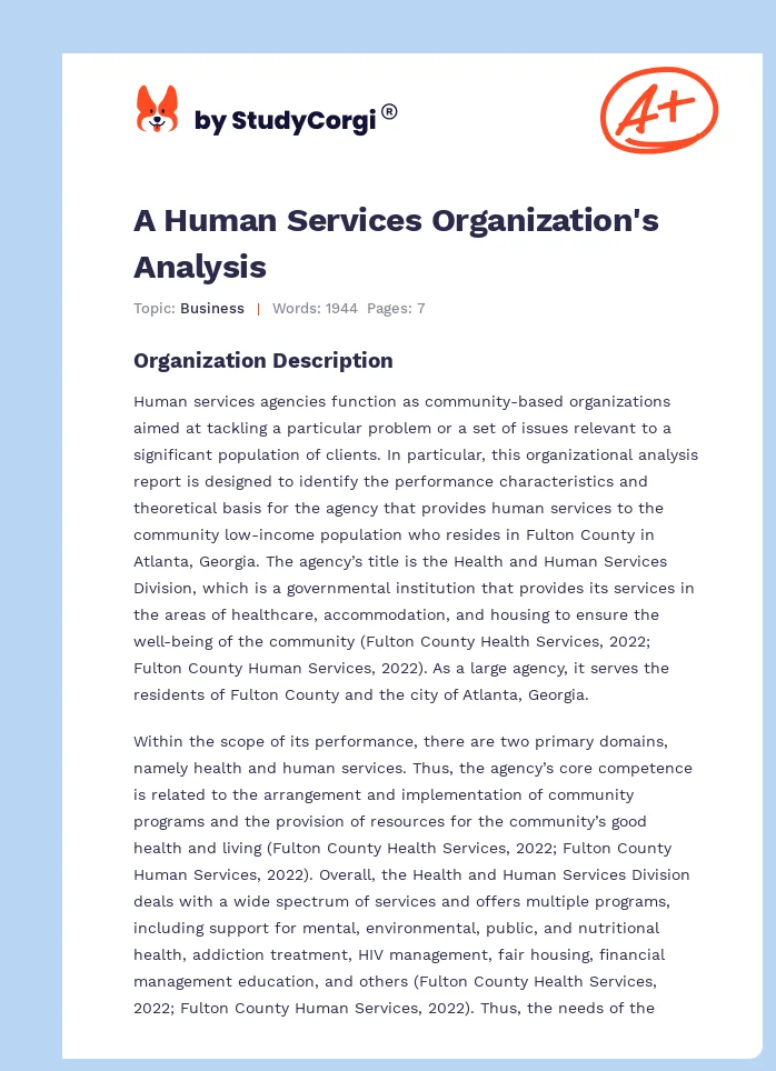 A Human Services Organization's Analysis. Page 1