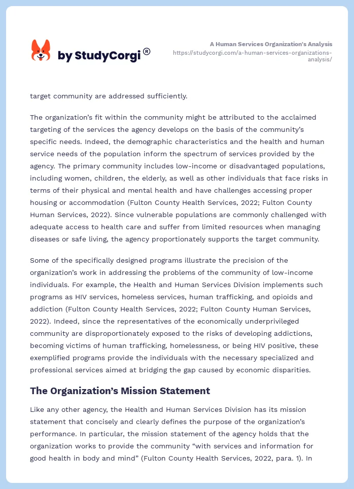 A Human Services Organization's Analysis. Page 2