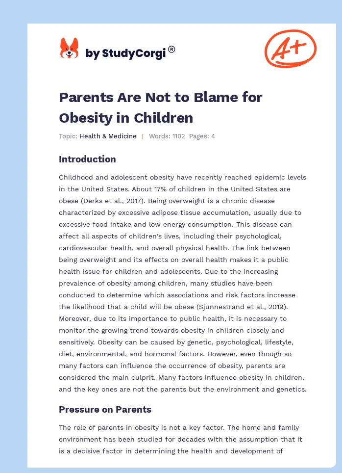 Parents Are Not to Blame for Obesity in Children. Page 1