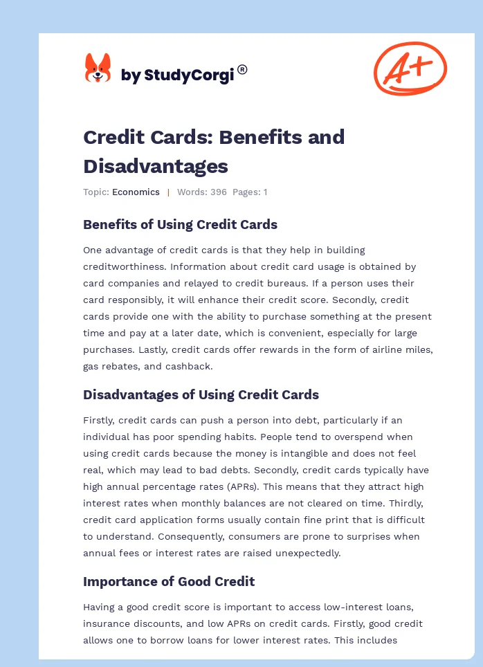 Credit Cards: Benefits and Disadvantages. Page 1
