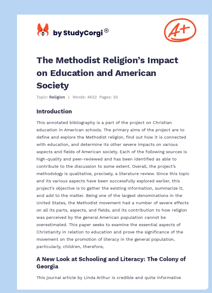 The Methodist Religion’s Impact on Education and American Society. Page 1