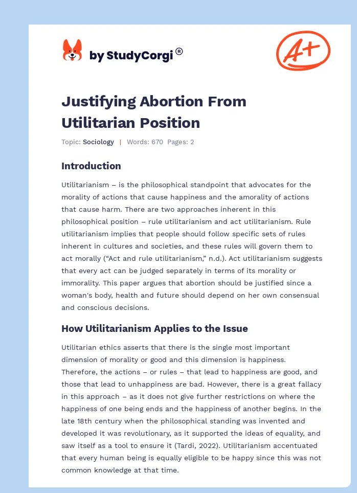 Justifying Abortion From Utilitarian Position. Page 1