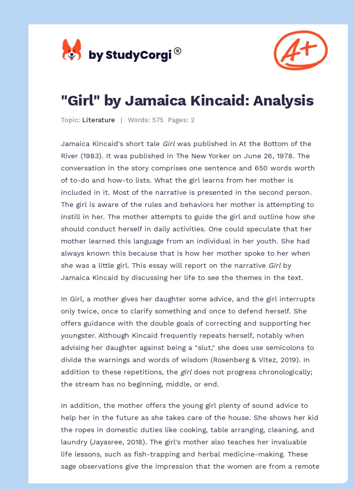 "Girl" by Jamaica Kincaid: Analysis. Page 1