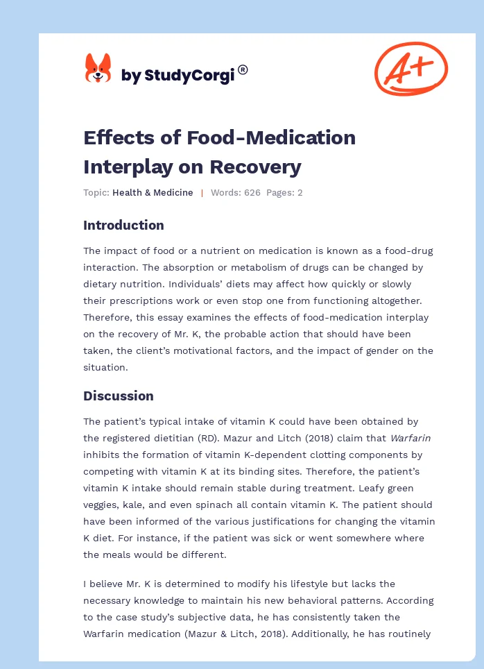 Effects of Food-Medication Interplay on Recovery. Page 1