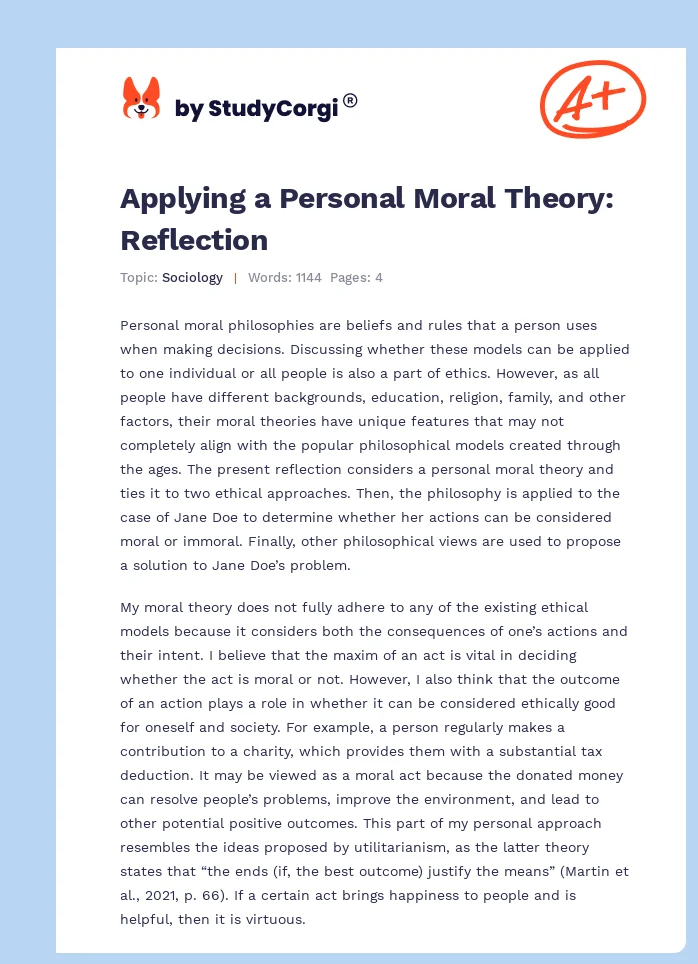 Applying a Personal Moral Theory: Reflection. Page 1