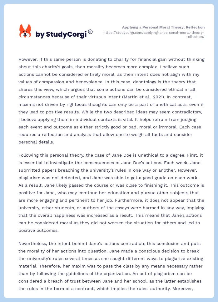 Applying a Personal Moral Theory: Reflection. Page 2