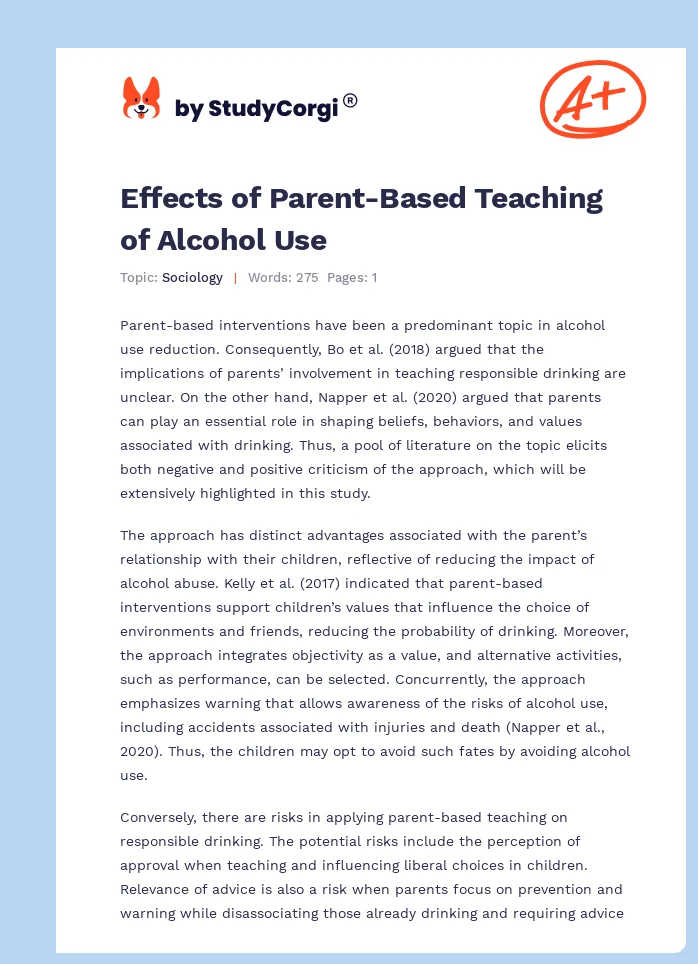 Effects of Parent-Based Teaching of Alcohol Use. Page 1