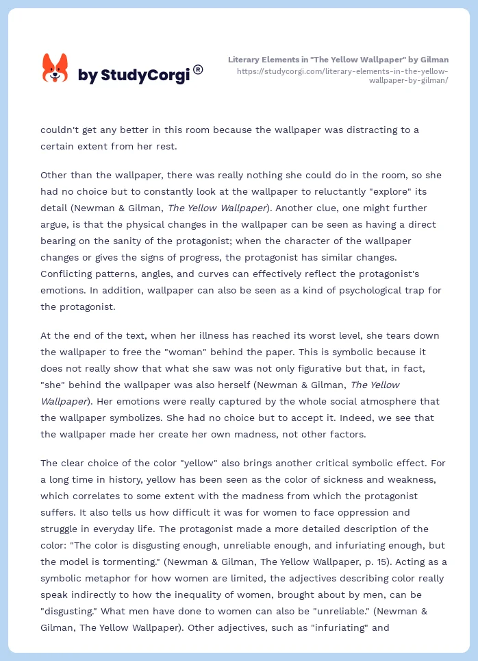 Literary Elements In The Yellow Wallpaper By Gilman Free Essay Example