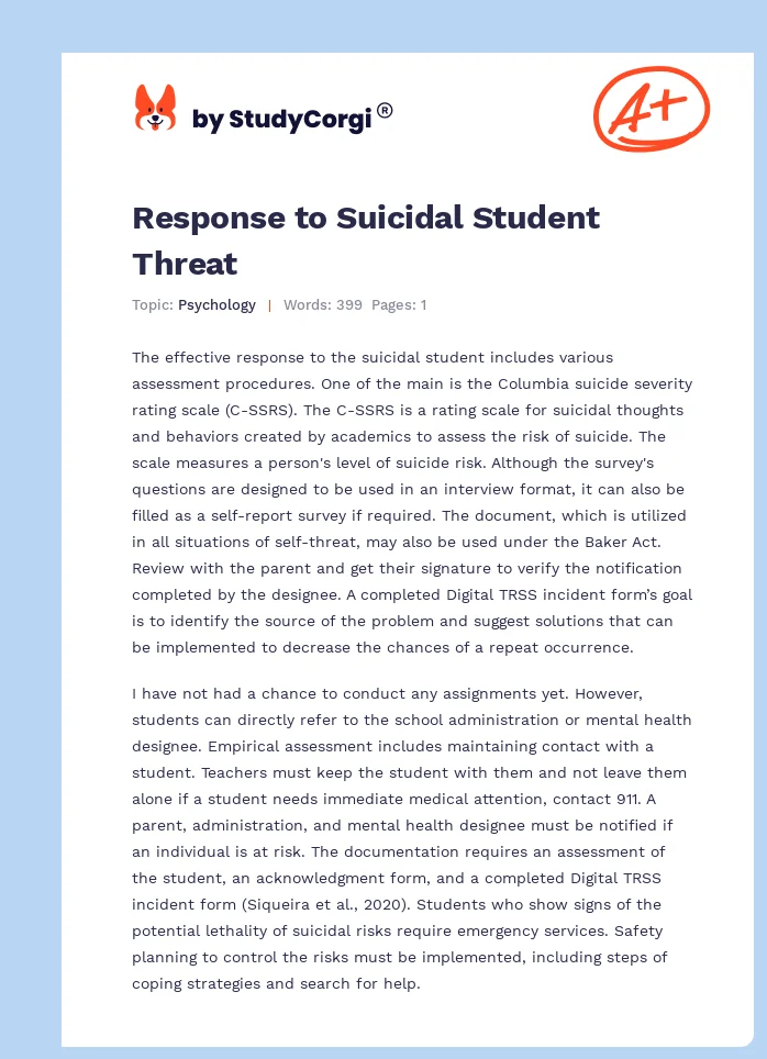 Response to Suicidal Student Threat. Page 1