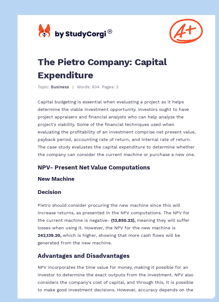 The Pietro Company: Capital Expenditure. Page 1