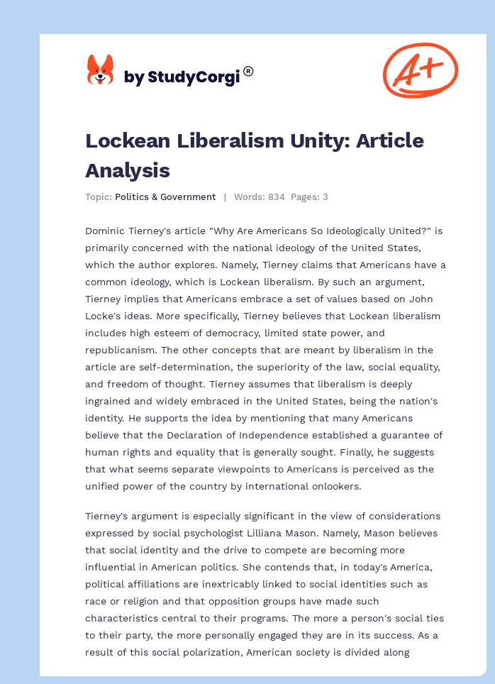 Lockean Liberalism Unity: Article Analysis. Page 1