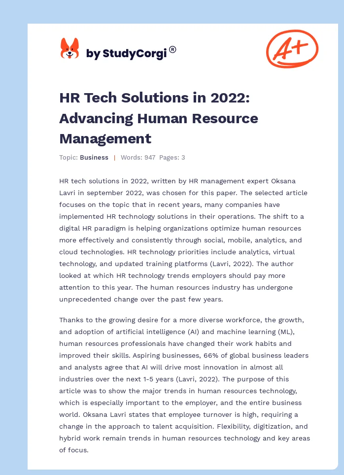 HR Tech Solutions in 2022: Advancing Human Resource Management. Page 1