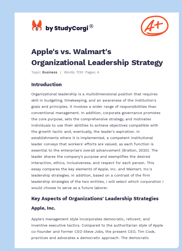 Apple's vs. Walmart's Organizational Leadership Strategy. Page 1