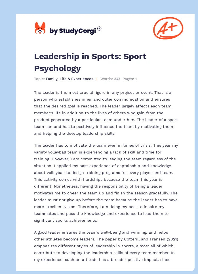 Leadership in Sports: Sport Psychology. Page 1
