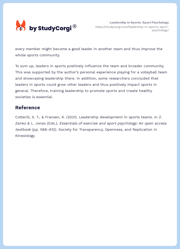 Leadership in Sports: Sport Psychology. Page 2