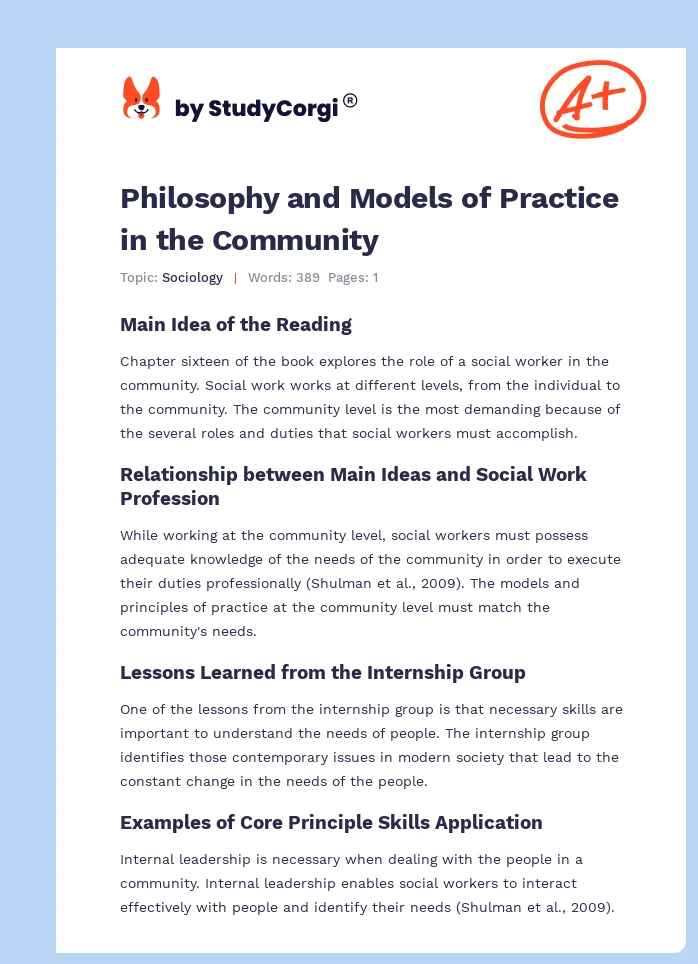 Philosophy and Models of Practice in the Community. Page 1