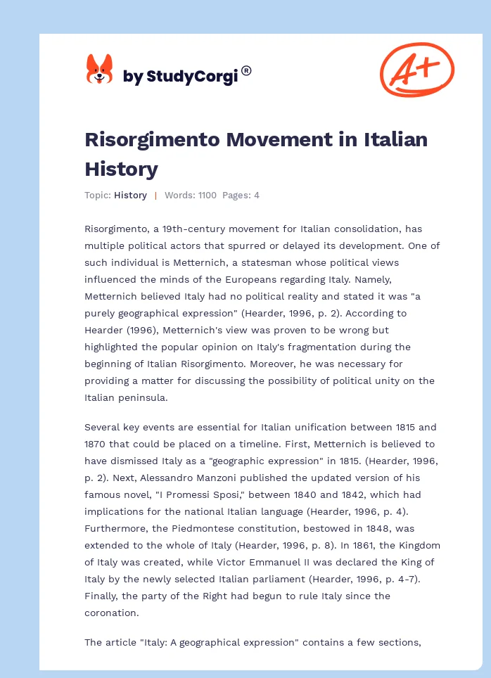 Risorgimento Movement in Italian History. Page 1