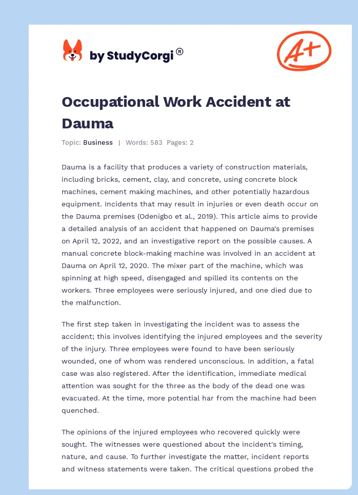 Occupational Work Accident at Dauma. Page 1