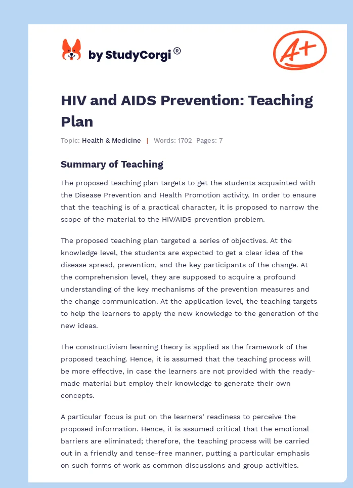 HIV and AIDS Prevention: Teaching Plan. Page 1