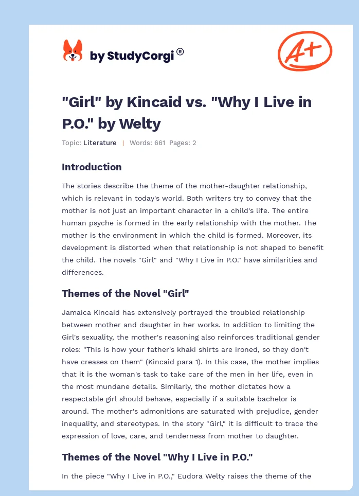 "Girl" by Kincaid vs. "Why I Live in P.O." by Welty. Page 1