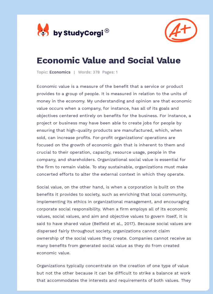 Economic Value and Social Value. Page 1