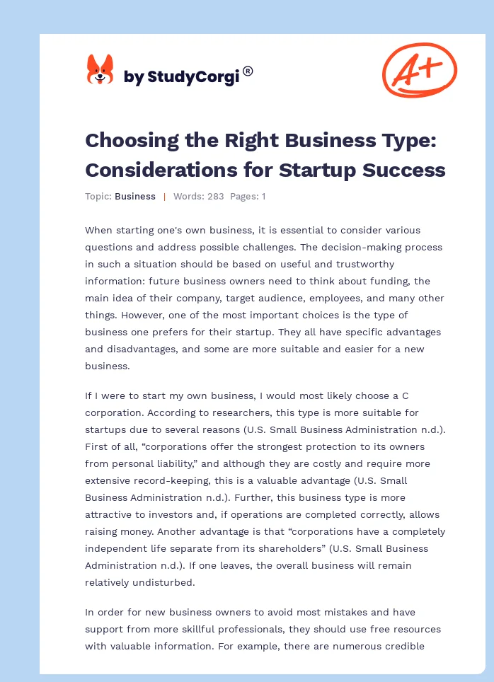 Choosing the Right Business Type: Considerations for Startup Success. Page 1