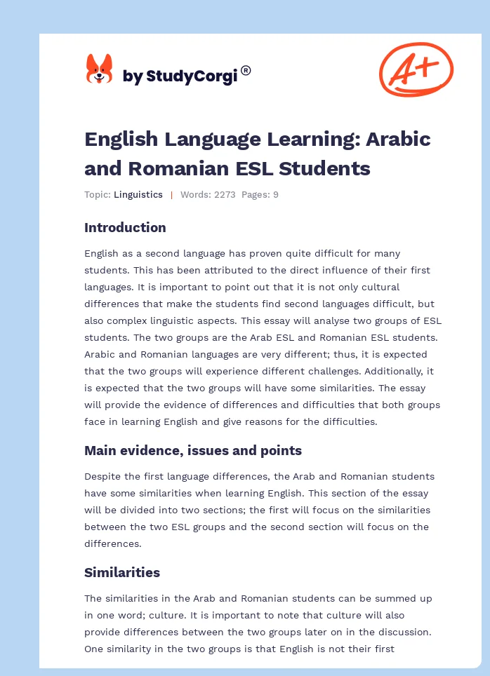 English Language Learning: Arabic and Romanian ESL Students. Page 1