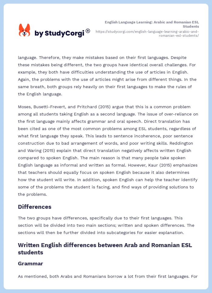 English Language Learning: Arabic and Romanian ESL Students. Page 2