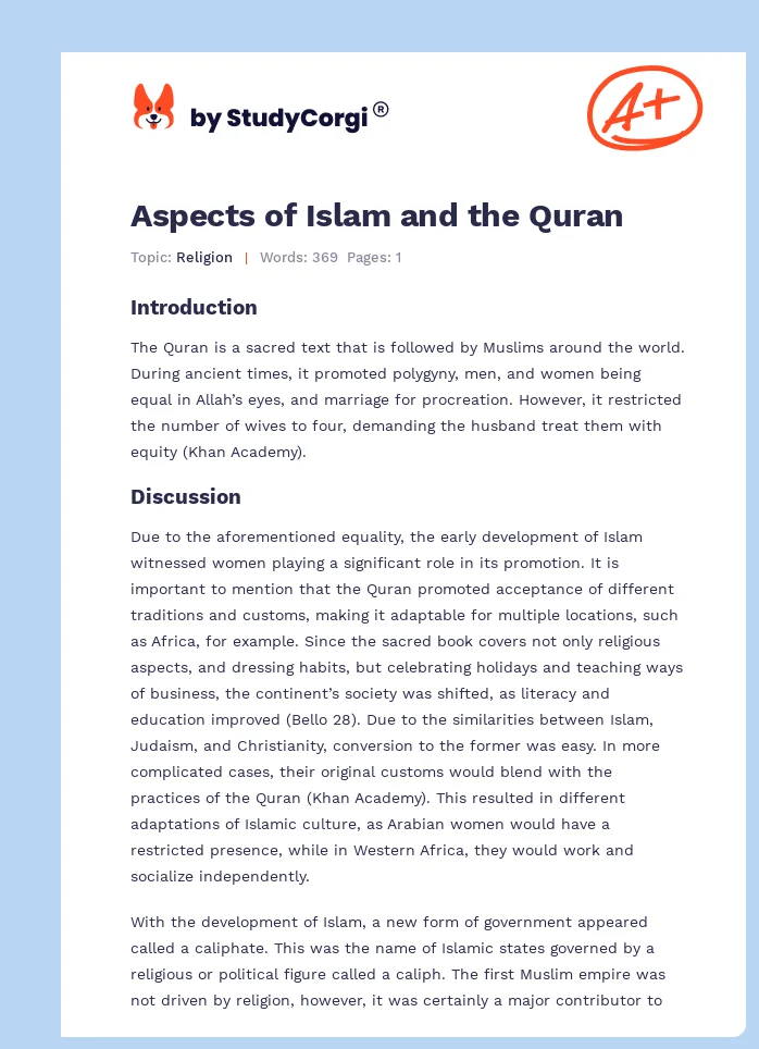 Aspects of Islam and the Quran. Page 1