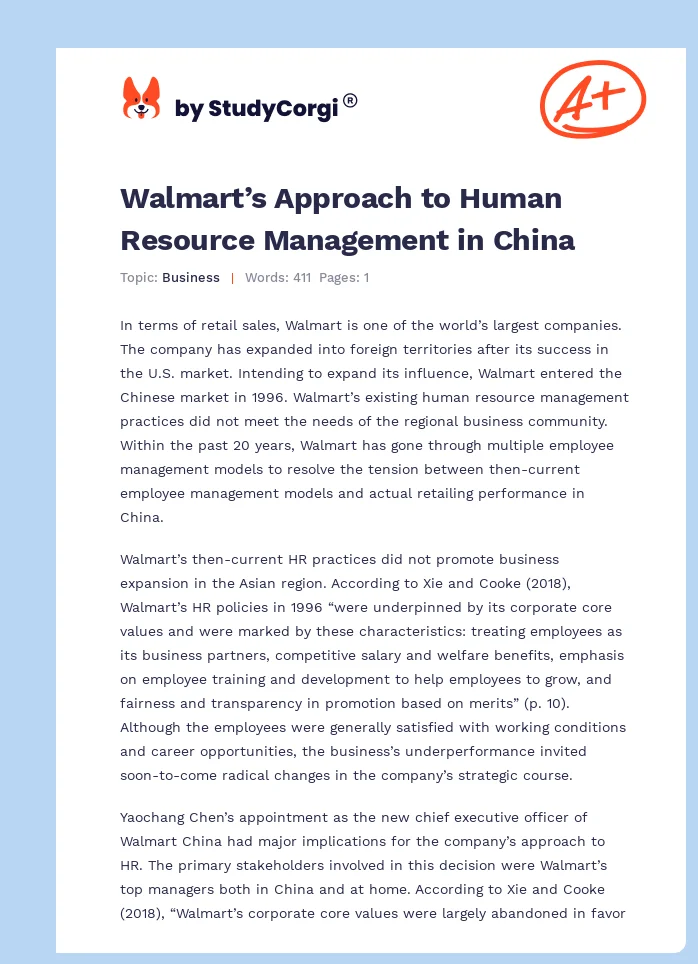 Walmart’s Approach to Human Resource Management in China. Page 1