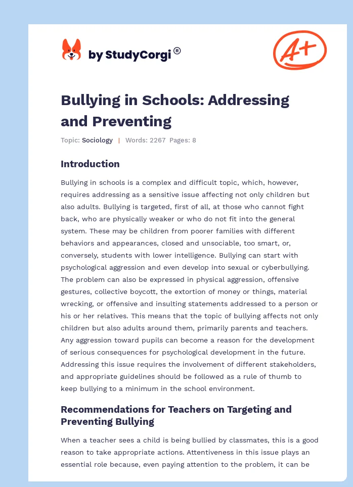 Bullying in Schools: Addressing and Preventing. Page 1